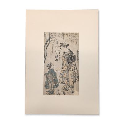 Torii Kiyohiro (Japanese 1708-1776) Woodblock Print, Girl & Attendant By Willow Tree