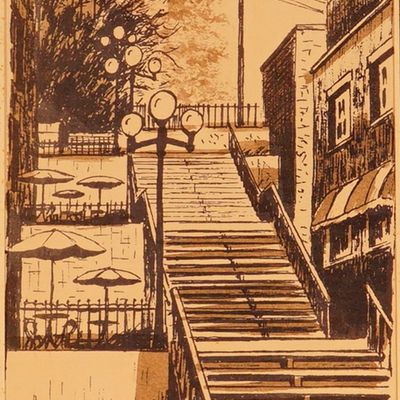 Charles de Guise, Lithograph Print on Paper, Stairs Petit Champlain Quebec