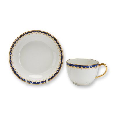 Wedgwood Porcelain Teacup and Saucer with Gilded Cobalt Scalloped Border