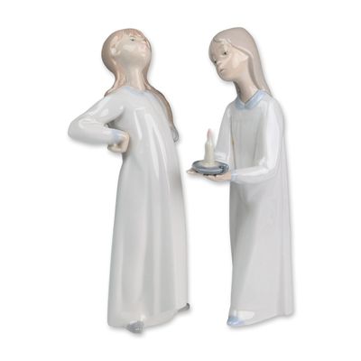 2pc Lladro Glazed Porcelain Figurines, Girl with Candle 01006233 and Girl Stretching 01004872