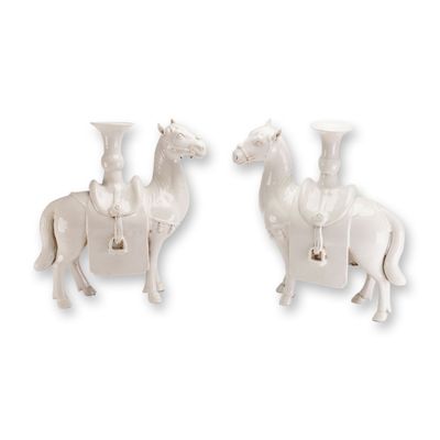Pair of White Glazed Ceramic Figural Horse Candle Holders