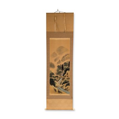 Japanese Ink and Pigments on Paper Landscape Hanging Scroll w/ Seal