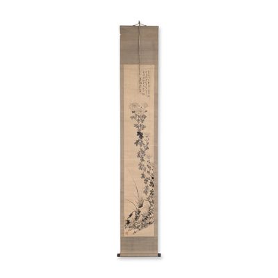 Chinese Ink Wash on Paper Chrysanthemum Hanging Scroll w/ Seal