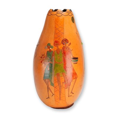 Mid-Century Modern Hand-Painted and Pyro-Engraved African Inspired Decorative Gourd