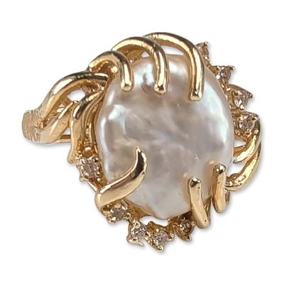14K Yellow Gold White Button Freshwater Pearl and Diamond Cocktail Ring