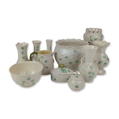 11pc Belleek Pottery Irish Parian Porcelain Shamrock & Tableware Assortment