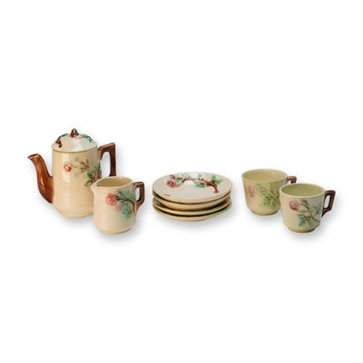 9pc Majolica Rose Design Pottery Child's Tea Set