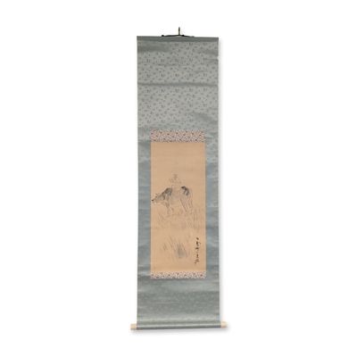 Japanese Ink and Color Washes on Paper Hanging Scroll, Ox-herder w/ Seal
