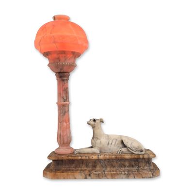 Art Deco Carved Alabaster and Marble Greyhound Lamp with Lampshade