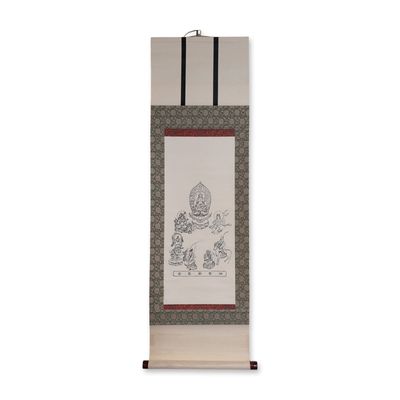 Japanese Seven Lucky Gods Buddhist Woodcut on Paper Hanging Scroll