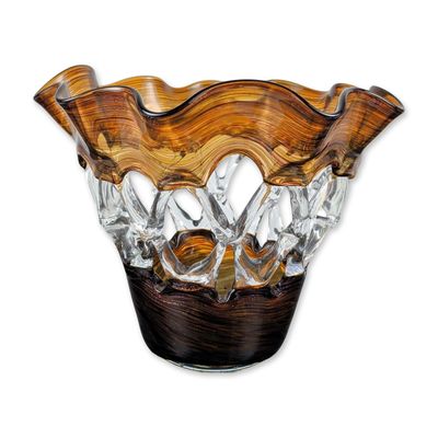 Large Hand-Blown Striated Art Glass Lattice Vase