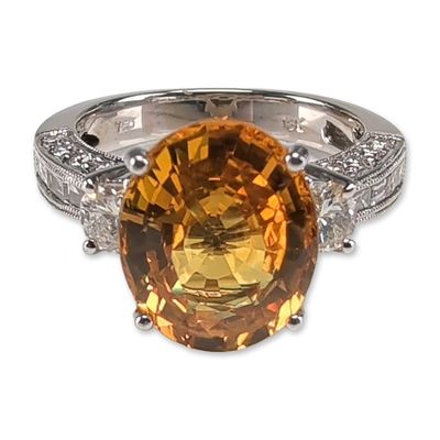 18K White Gold 5.50ct Oval Orange Sapphire and Diamond Ring