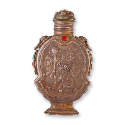 Mongolian Silver Repousse Snuff Bottle, Flowers, Lion Head Handles
