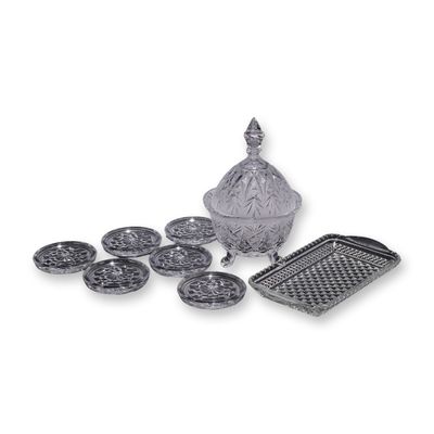 8-Piece Cut Glass Collection Including a Candy Dish with Lid, Six Glass Coasters, and a Relish Tray