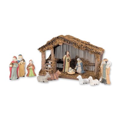 12pc Sears Handpainted Porcelain Nativity Figurine Set with Creche
