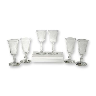 Sale Photo Thumbnail #103: 6pc Rock Sharpe Crystal Floral Etched Wine and Juice Glasses