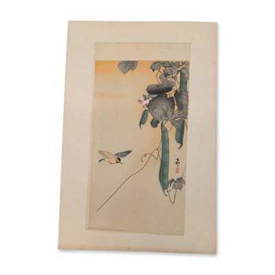 Sale Photo Thumbnail #7: Ohara Koson (Japanese, 1877-1945) Bird at Flowering Bean Plant Woodblock Print