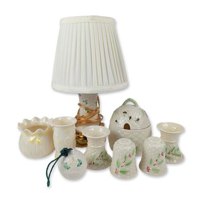 Sale Photo Thumbnail #52: 9pc Belleek Pottery Irish Parian Porcelain Lighting & Tableware Assortment