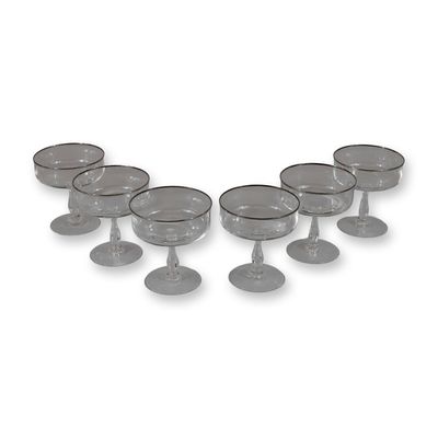 Sale Photo Thumbnail #30: 6pc Glass Champagne Coupe Glasses with Silver Toned Rims