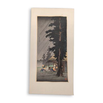 Sale Photo Thumbnail #92: Takahashi Hiroaki (Japanese, 1871-1945), Woodcut on Paper, Sudden Shower at Takaido