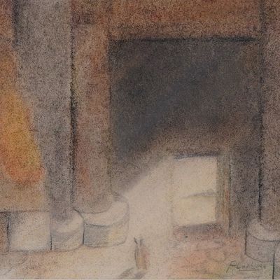 Sale Photo Thumbnail #333: Rafael Aleph Mixed Media on Paper Drawing, Two Figures in a Temple