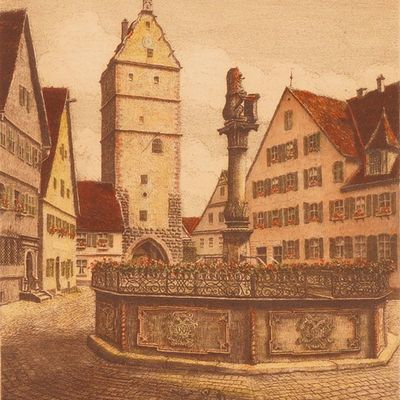 Sale Photo Thumbnail #105: Hand-Colored Engraving, Street View from Dinkelsbuhl, Signed