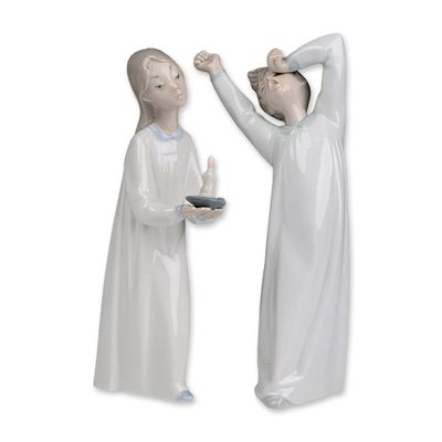 Sale Photo Thumbnail #409: 2pc Lladro Porcelain Figurines, Girl with Candle 01004868 and Boy Yawning 01004870