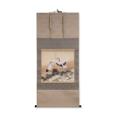 Sale Photo Thumbnail #318: Japanese Hanging Scroll Ink and Pigments on Silk, Pair of Cranes, Signed w/ Seal