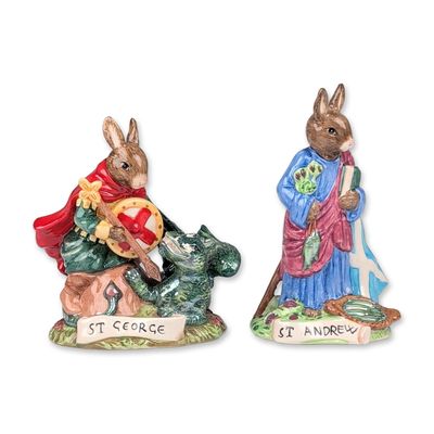 Sale Photo Thumbnail #176: 2pc Royal Doulton Bunnykins Patron Saints Figurines, St. George (DB398) and St. Andrew (DB399)