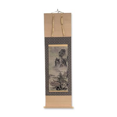 Sale Photo Thumbnail #341: Japanese Ink & Color Washes on Paper Hanging Scroll, Mountain Landscape