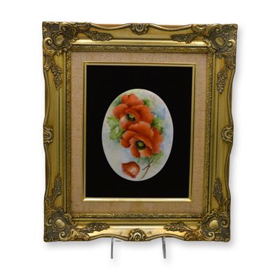 Sale Photo Thumbnail #84: B. Griffiths Original Painting on Porcelain, The Red Poppies, Signed, Gold Leaf Frame, Museum