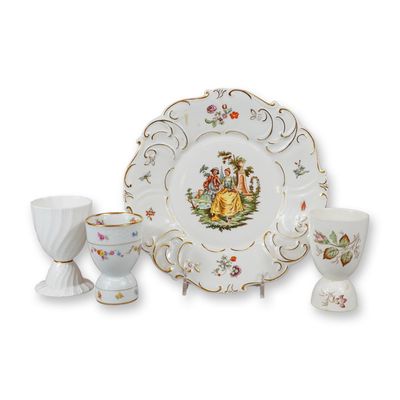 Sale Photo Thumbnail #206: 4pc Porcelain Grouping Including Wallendorf Plate and Three Assorted Egg Cups
