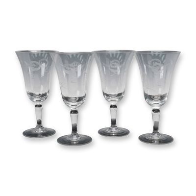 Sale Photo Thumbnail #253: 4pc Etched Crystal Floral Motif Water Goblets