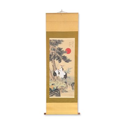 Sale Photo Thumbnail #319: Japanese Hanging Scroll, Ink & Pigments on Rice Paper, Pine and Crane, Signed w/ Seal