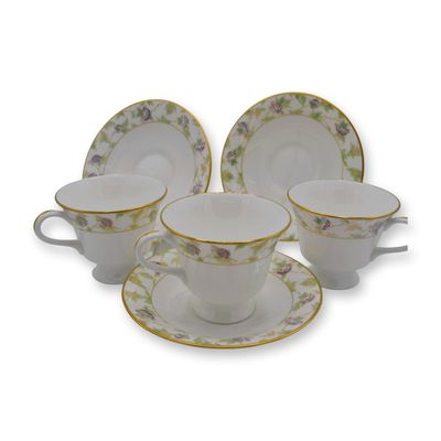 Sale Photo Thumbnail #197: 6Pc Boehm Porcelain Fine Bone China Glazed Purple/White Flowers Cups & Saucers Set