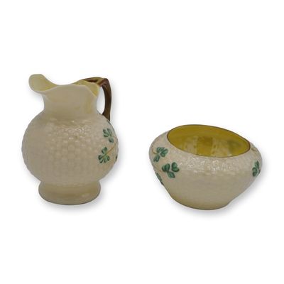 Sale Photo Thumbnail #275: Belleek Porcelain Sugar and Creamer Set W/Shamrocks, Black Mark