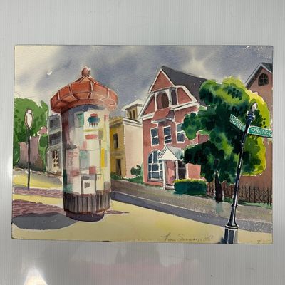 Thomas Swanson Street Scene Watercolor Painting Signed 1985