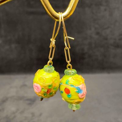 Murano Venetian Art Glass Lamp Work Light Green Floral Dangle Earrings D75