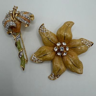 Nolan Miller Floral Rhinestone Enamel Designer Brooch Pair AB20