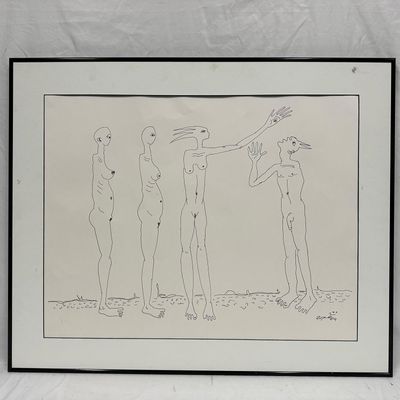Framed Minimalist Surreal Nude Line Figures Drawing Signed Pask