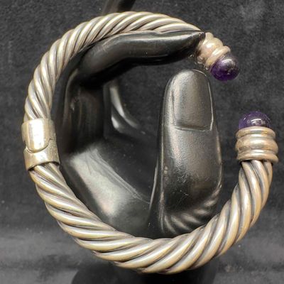 Sterling Silver Amethyst Cable Hinged Cuff Bangle Bracelet