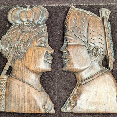 2 Hand Carved Hindu Bali Folk Art Relief Teak Wall Art