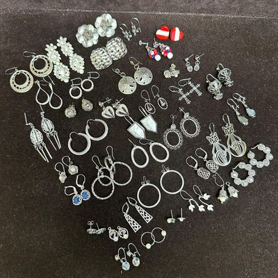 Large Costume Earring Lot Rhinestone and Mixed Styles Silver Tone