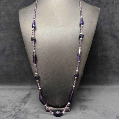 Purple Glass Crystal Beaded Costume Jewelry Long Necklace H71