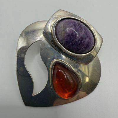 Oval Purple Charoite and Teardrop Amber DTR 925 Sterling Pendant