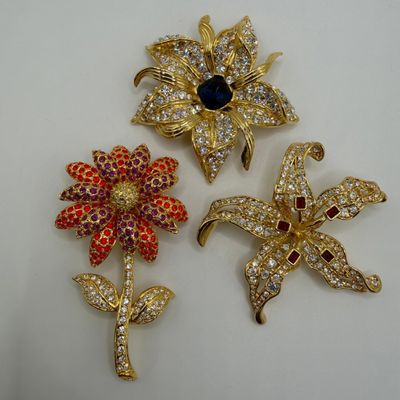 Group of Three Nolan Miller Floral Flower Rhinestone Designer Brooch Set AB21