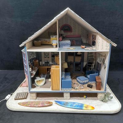 Large Lighted Rotating Miniature Dollhouse with Surfboards and Furnishings Beach Bungalow