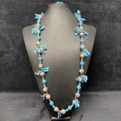 Venetian Murano Lamp Work Art Glass Clear and Sky Light Blue Leaf Bead Long Beaded Necklace D51