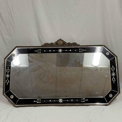 Black Floral Wall Mirror 42" Long Etched Glass Flower Design Wood Resin Frame