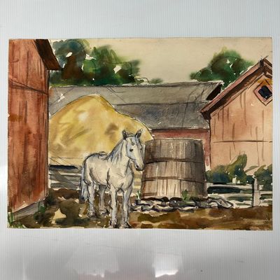 Original Watercolor Farm Scene with White Horse and Barns